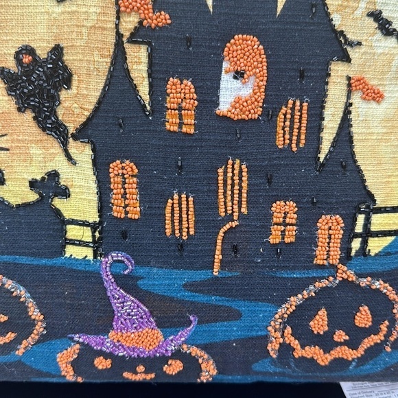 Feelin Spooky Beaded Halloween Pillow Haunted House Ghost Pumpkins Bats Moon NWT - Picture 3 of 11